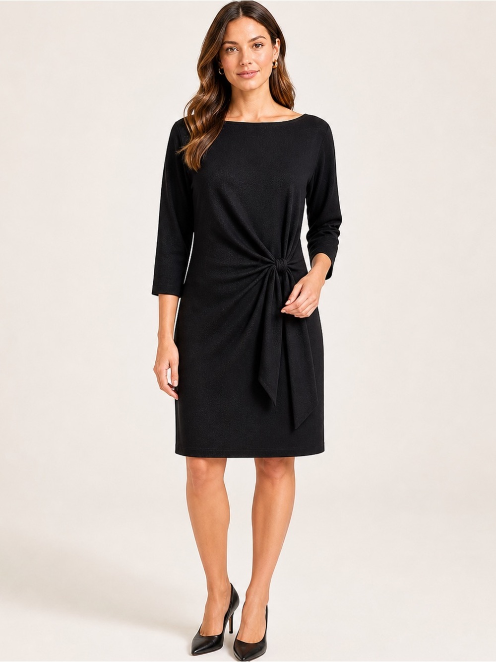 MAX STUDIO Black Tie Waist Dress NWT Boatneck Textured Knit Size M Nordstrom